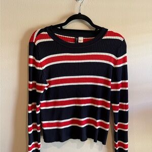 Divided Navy and Red Striped Long Sleeve Top